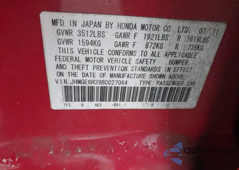 2011 Honda Fit z USA, uszkodzony, nr VIN JHMGE8H39BC027064
